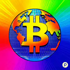 Bitcoin globe rainbow background