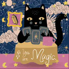 Black cat reading tarot cards