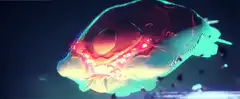 glitchy alien head with glowing red eyes