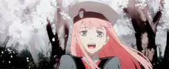 Zero Two and Hiro laughing under cherry blossoms