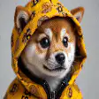 Shiba Inu in yellow hoodie zoom