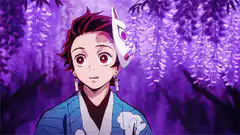 Tanjiro touches wisteria flowers