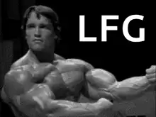 Arnold Schwarzenegger flexing with LFG text