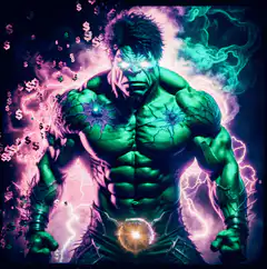 Hulk with glowing eyes and dollar signs