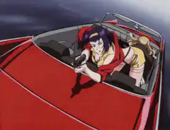 Faye Valentine shooting from a red car