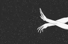 Anime hands reaching in space