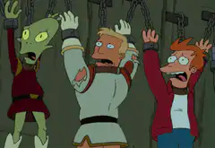 Fry, Leela, and Zoidberg chained up