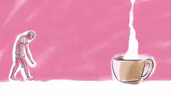 man falls into coffee cup