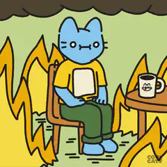 Blue cat sitting calmly in a burning room