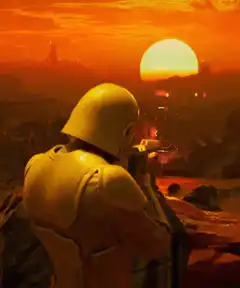 Mandalorian firing blaster at sunset