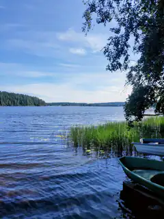 Boats on a calm lake with trees