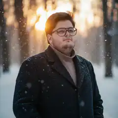 Man in winter coat with snow falling