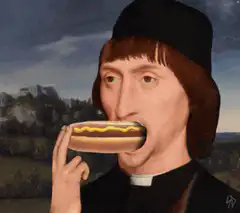 priest eating hot dog