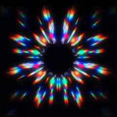 Rainbow light rays pulsing around a black circle
