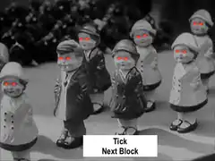 Tick Next Block toy soldiers with glowing red eyes