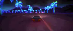 Synthwave car driving through neon palm trees