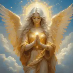 Angel with glowing hands in clouds