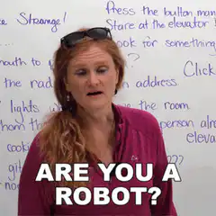 Woman pointing and asking are you a robot