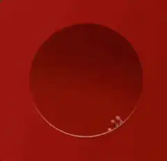 Bald man with glasses peeks through red circle