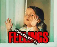 Crying child with Make Em Stop feelings text