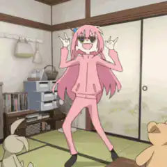 Pink-haired girl dancing in a room