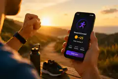 Man celebrating fitness app reward at sunset