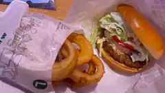 Burger and onion rings on wrapper