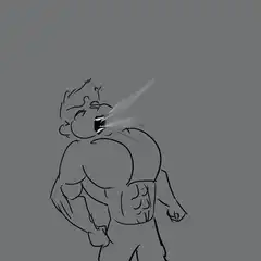 muscular man blows smoke