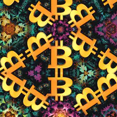 Golden Bitcoin symbols on psychedelic kaleidoscope