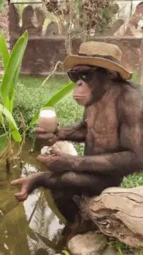 Monkey in hat drinking from a glass