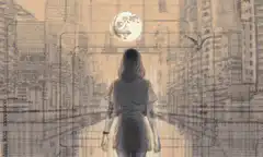 Woman walking into a city at sunset