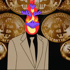 Flaming duck head in suit with bitcoin