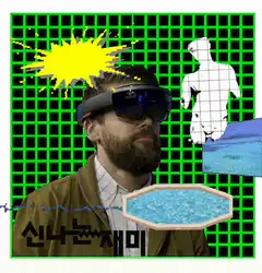Man in VR headset with pool and dolphin