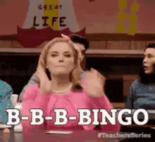 Woman shouting BINGO excitedly