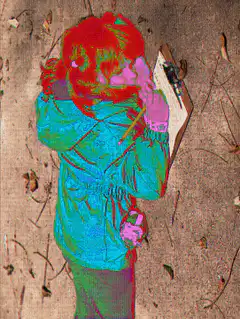 glitchy person writing on clipboard