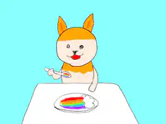 dog eats rainbow cake