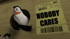 Penguin in cup next to nobody cares label