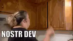 Woman looking at cabinet with Nostr Dev text