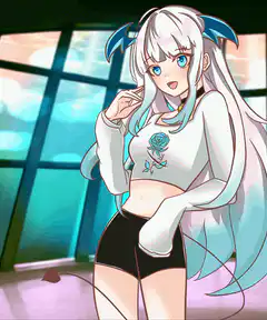 Anime girl with white hair and blue horns winking