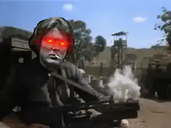 Han Solo with glowing red eyes shoots explosion