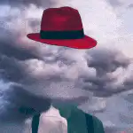 Headless man with red hat and clouds