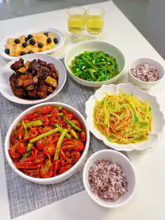 Chinese home-cooked meal with crayfish and ribs
