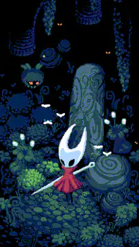Hollow Knight standing in the Greenpath