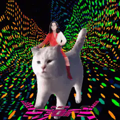 Woman riding a giant white cat
