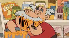 Grandpa eating cheese from a bucket