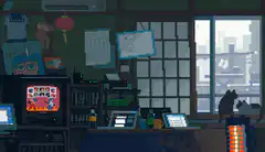 pixel art room with cat and tv