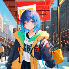 anime girl with blue hair in city
