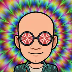 Bitmoji with hypnotic glasses and trippy background