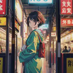 anime girl in green coat at night market