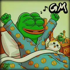 Pepe stretching in bed with cat and GM text